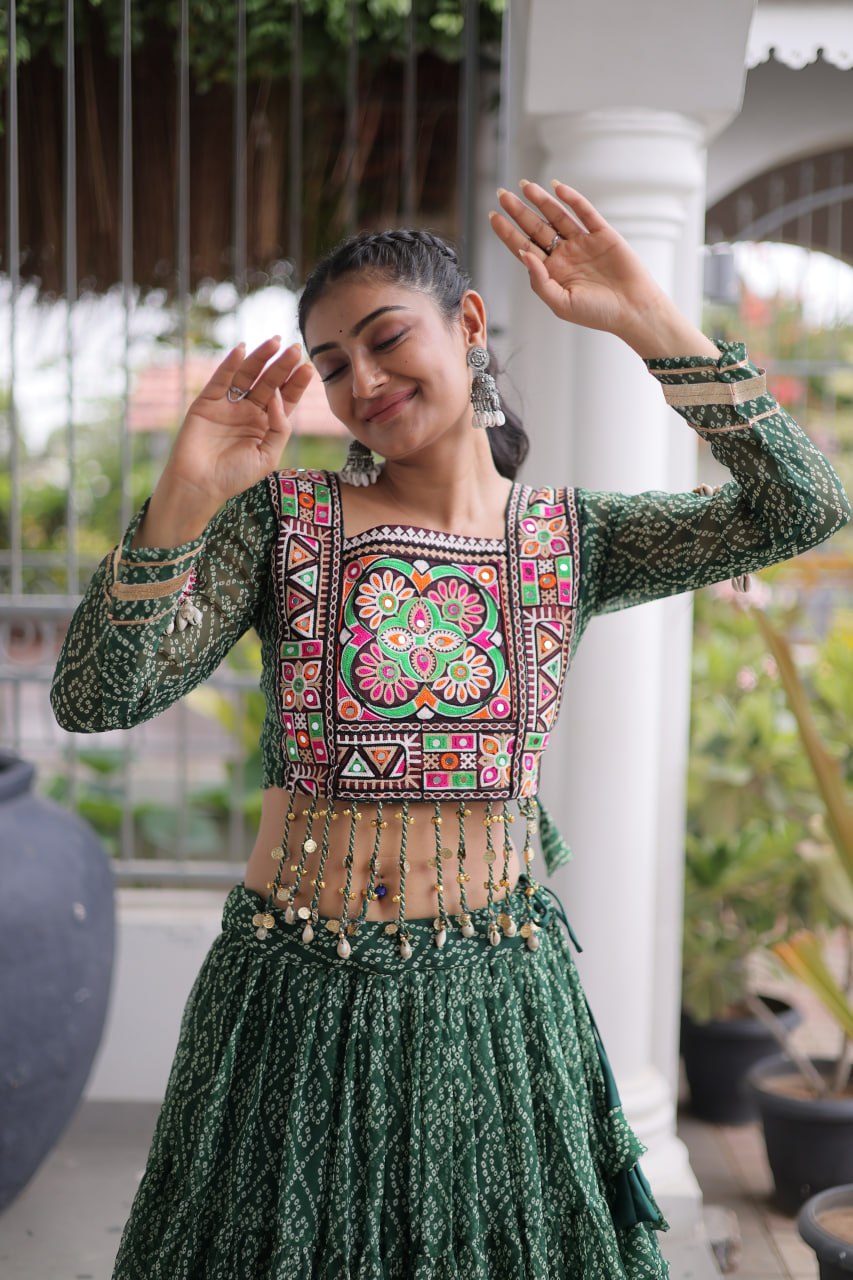 Green Pure Georgette Bandhni Print Kutchi Patchwork Navratri Lehenga Choli