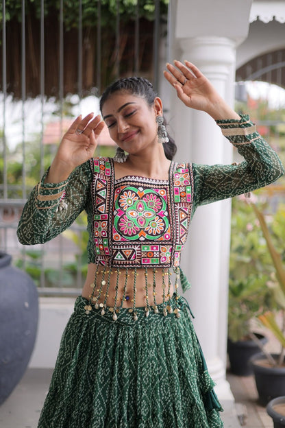 Green Pure Georgette Bandhni Print Kutchi Patchwork Navratri Lehenga Choli