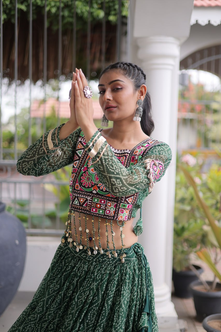 Green Pure Georgette Bandhni Print Kutchi Patchwork Navratri Lehenga Choli