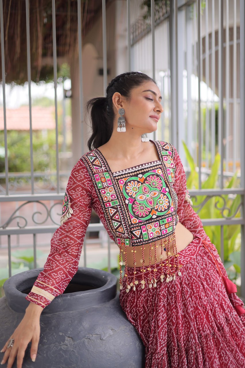 Maroon Pure Georgette Bandhni Print Kutchi Patchwork Navratri Lehenga Choli
