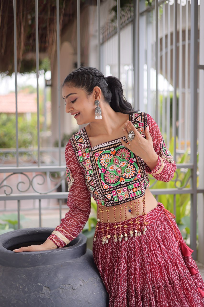 Maroon Pure Georgette Bandhni Print Kutchi Patchwork Navratri Lehenga Choli