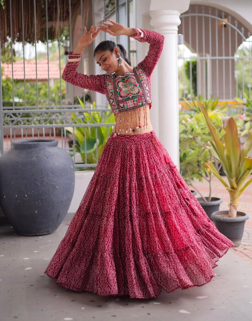 Maroon Pure Georgette Bandhni Print Kutchi Patchwork Navratri Lehenga Choli