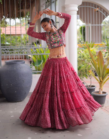 Maroon Pure Georgette Bandhni Print Kutchi Patchwork Navratri Lehenga Choli