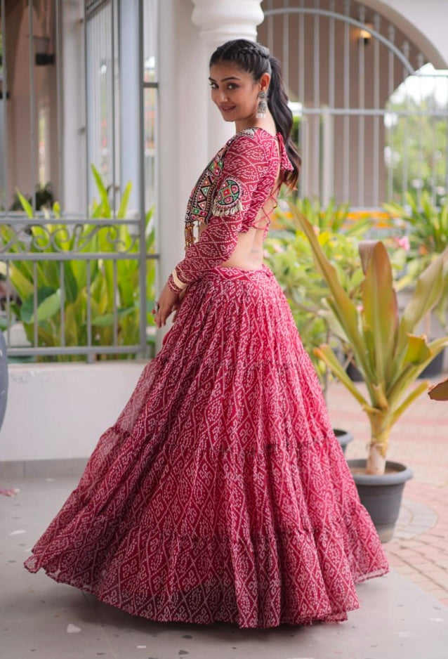 Maroon Pure Georgette Bandhni Print Kutchi Patchwork Navratri Lehenga Choli