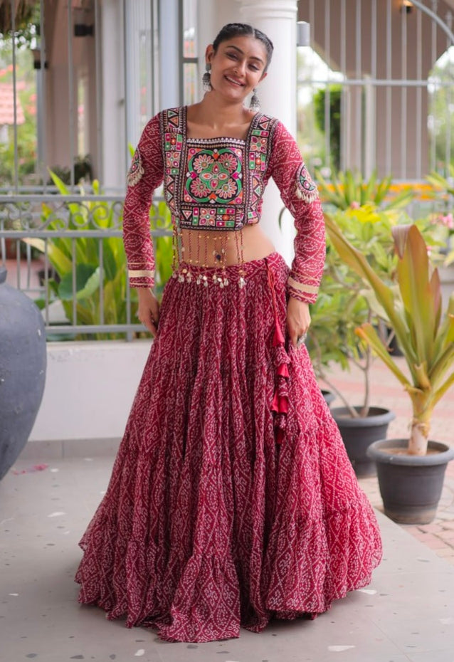 Maroon Pure Georgette Bandhni Print Kutchi Patchwork Navratri Lehenga Choli