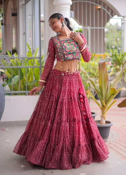 Maroon Pure Georgette Bandhni Print Kutchi Patchwork Navratri Lehenga Choli