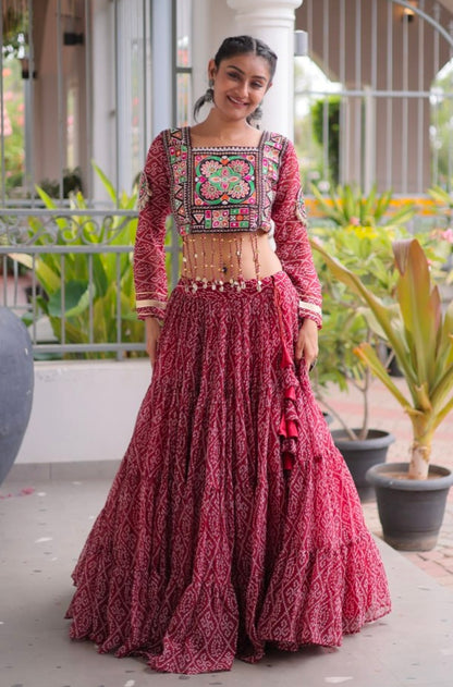 Maroon Pure Georgette Bandhni Print Kutchi Patchwork Navratri Lehenga Choli