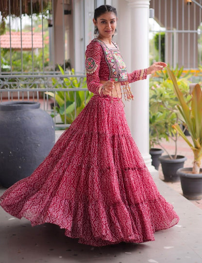 Maroon Pure Georgette Bandhni Print Kutchi Patchwork Navratri Lehenga Choli