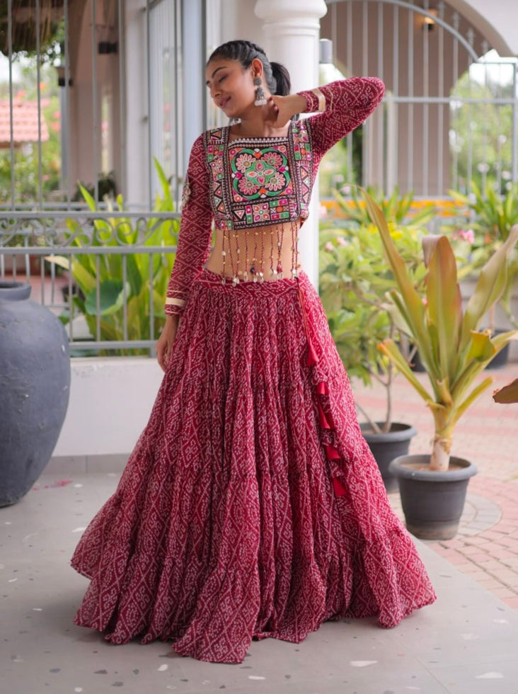 Maroon Pure Georgette Bandhni Print Kutchi Patchwork Navratri Lehenga Choli