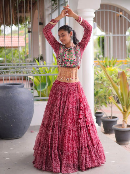 Maroon Pure Georgette Bandhni Print Kutchi Patchwork Navratri Lehenga Choli