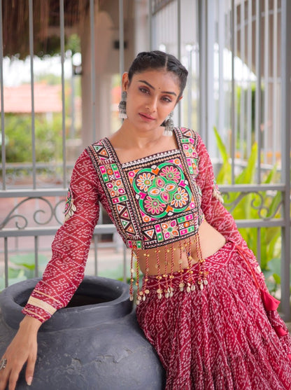 Maroon Pure Georgette Bandhni Print Kutchi Patchwork Navratri Lehenga Choli