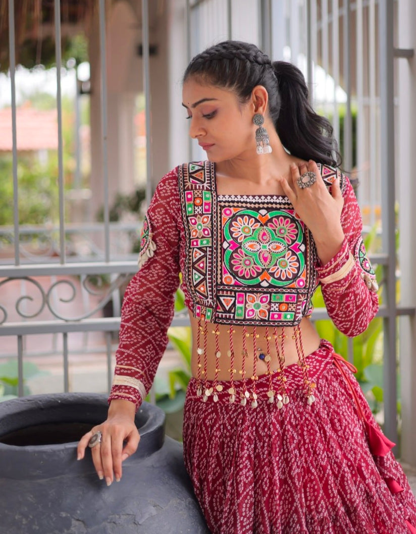 Maroon Pure Georgette Bandhni Print Kutchi Patchwork Navratri Lehenga Choli