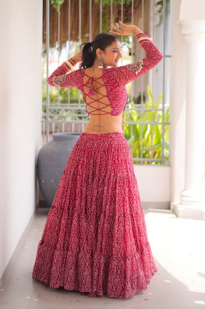 Maroon Pure Georgette Bandhni Print Kutchi Patchwork Navratri Lehenga Choli