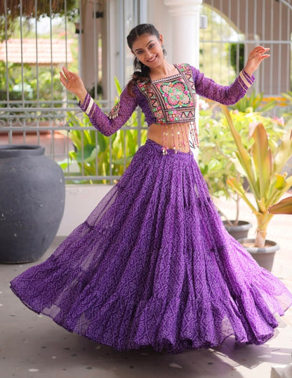 Purple Pure Georgette Bandhni Print Kutchi Patchwork Navratri Lehenga Choli