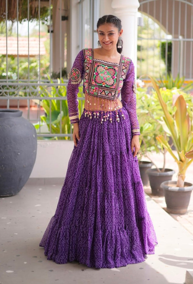Purple Pure Georgette Bandhni Print Kutchi Patchwork Navratri Lehenga Choli