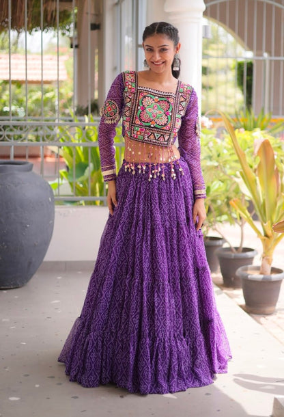 Purple Pure Georgette Bandhni Print Kutchi Patchwork Navratri Lehenga Choli