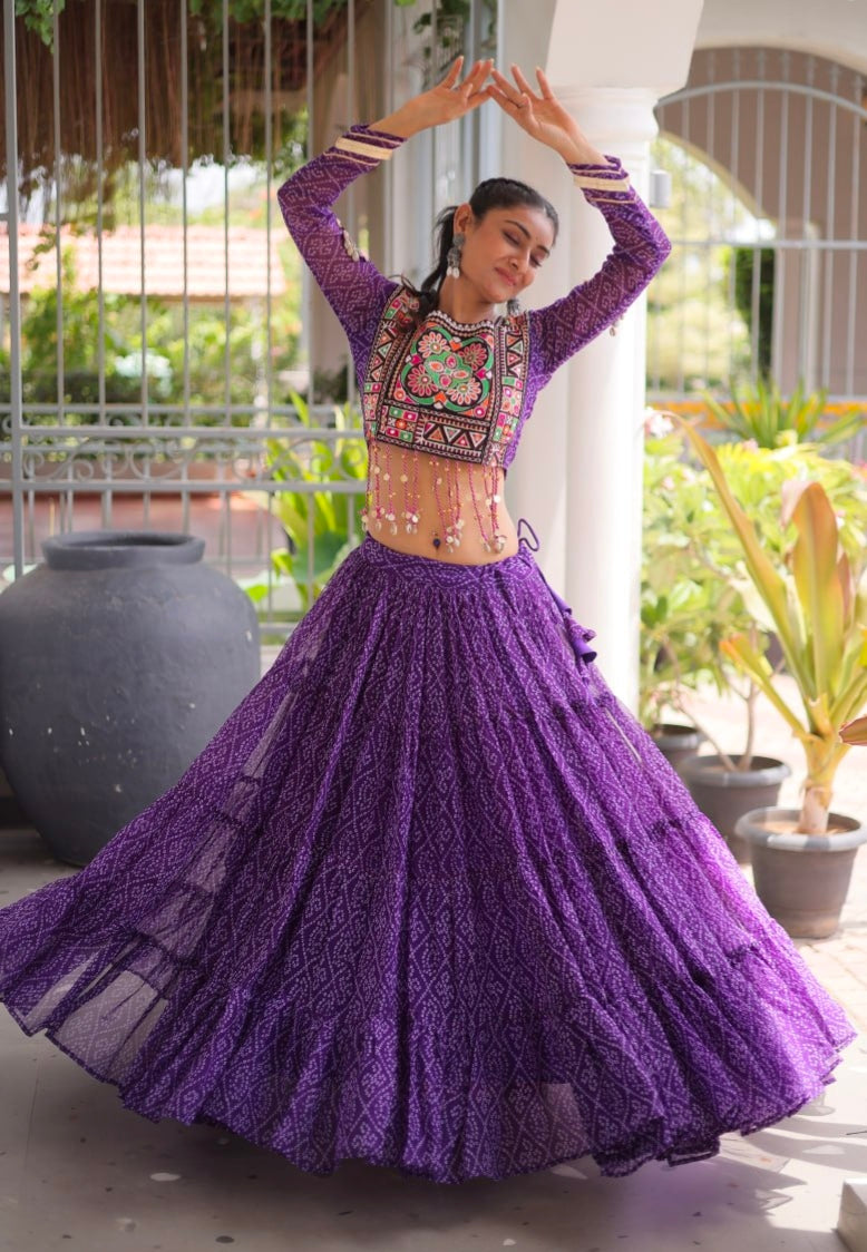 Purple Pure Georgette Bandhni Print Kutchi Patchwork Navratri Lehenga Choli