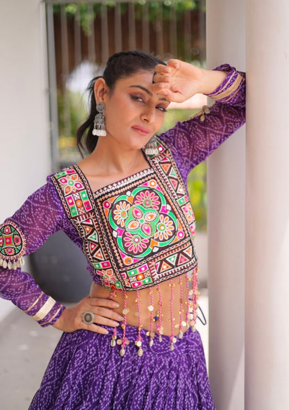 Purple Pure Georgette Bandhni Print Kutchi Patchwork Navratri Lehenga Choli