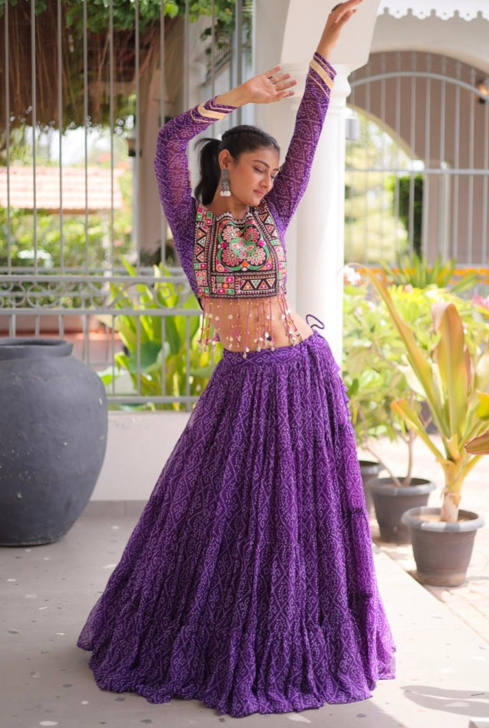 Purple Pure Georgette Bandhni Print Kutchi Patchwork Navratri Lehenga Choli