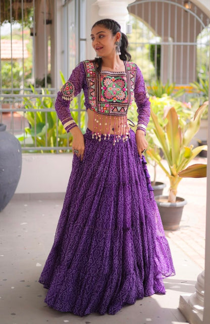 Purple Pure Georgette Bandhni Print Kutchi Patchwork Navratri Lehenga Choli