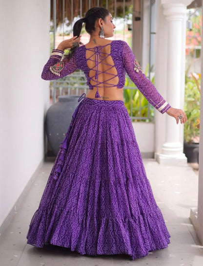 Purple Pure Georgette Bandhni Print Kutchi Patchwork Navratri Lehenga Choli