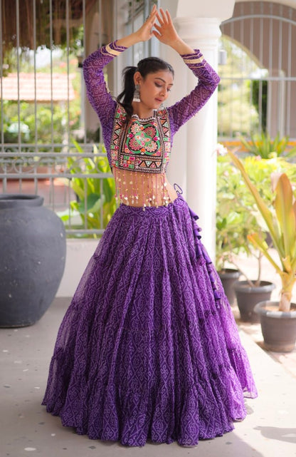 Purple Pure Georgette Bandhni Print Kutchi Patchwork Navratri Lehenga Choli