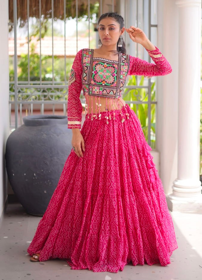 Pink Pure Georgette Bandhni Print Kutchi Patchwork Navratri Lehenga Choli