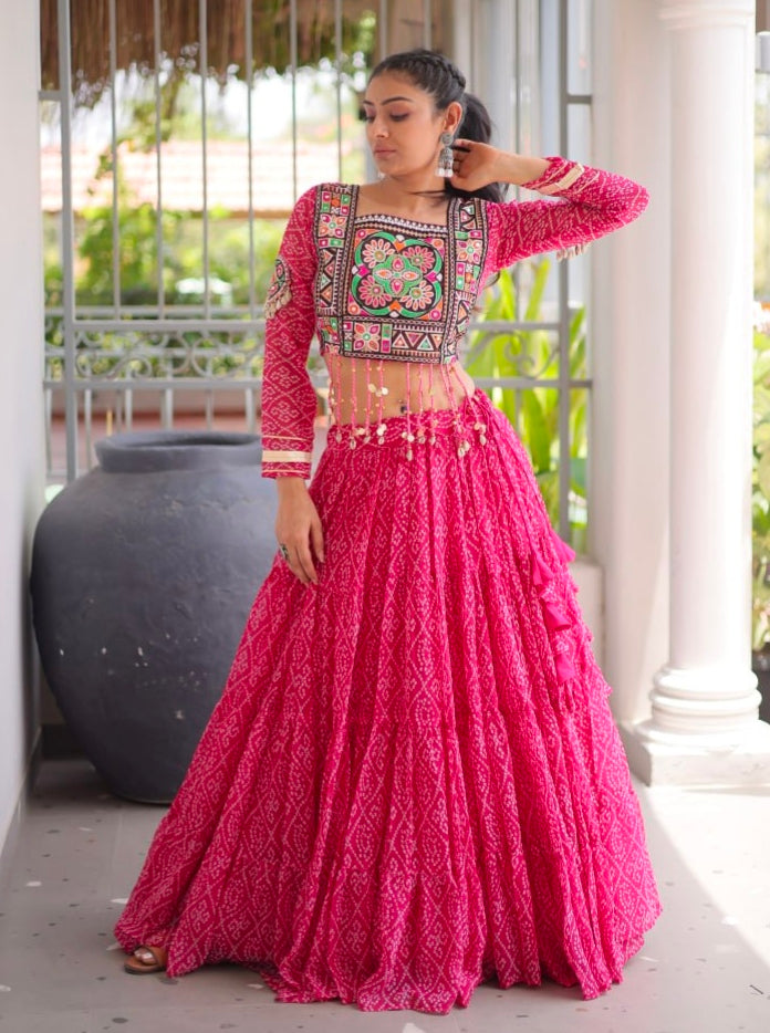 Pink Pure Georgette Bandhni Print Kutchi Patchwork Navratri Lehenga Choli