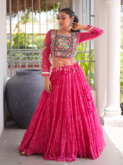 Pink Pure Georgette Bandhni Print Kutchi Patchwork Navratri Lehenga Choli