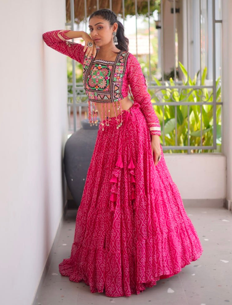 Pink Pure Georgette Bandhni Print Kutchi Patchwork Navratri Lehenga Choli