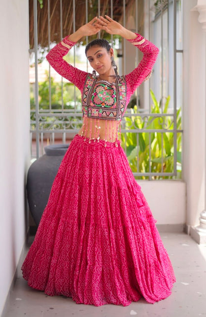Pink Pure Georgette Bandhni Print Kutchi Patchwork Navratri Lehenga Choli