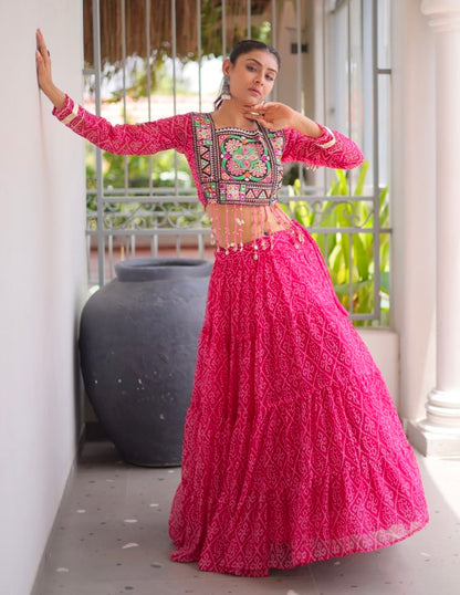 Pink Pure Georgette Bandhni Print Kutchi Patchwork Navratri Lehenga Choli