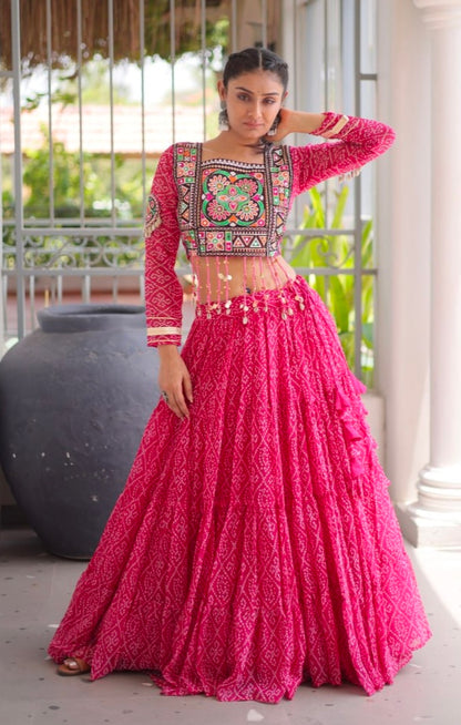 Pink Pure Georgette Bandhni Print Kutchi Patchwork Navratri Lehenga Choli