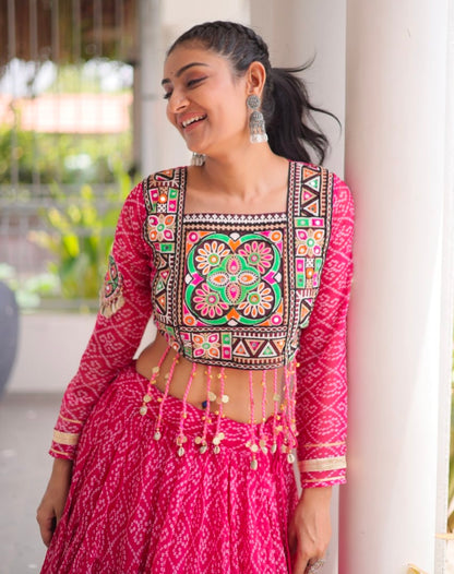 Pink Pure Georgette Bandhni Print Kutchi Patchwork Navratri Lehenga Choli