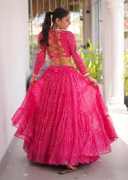 Pink Pure Georgette Bandhni Print Kutchi Patchwork Navratri Lehenga Choli