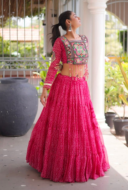 Pink Pure Georgette Bandhni Print Kutchi Patchwork Navratri Lehenga Choli