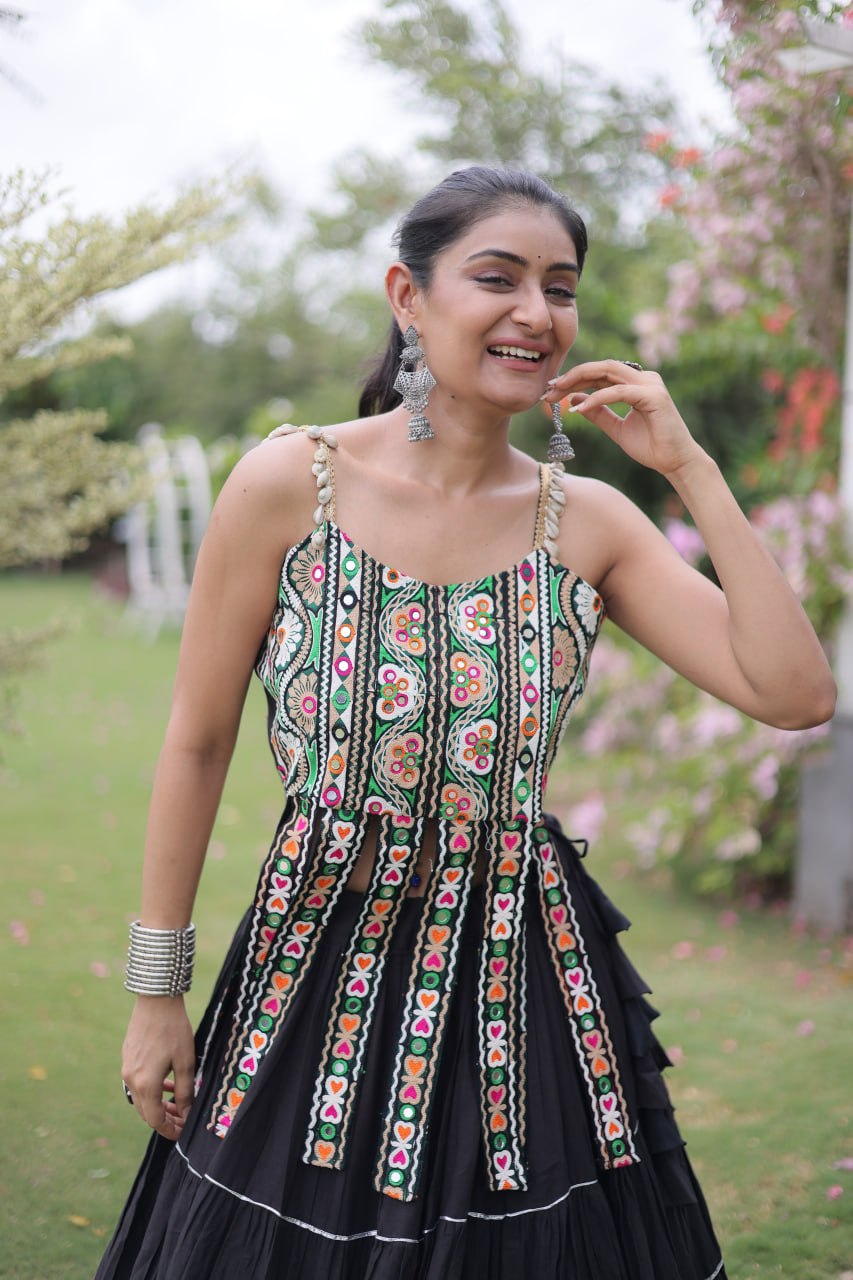 Black Pure Kora Cotton Kutchi Patchwork Navratri Lehenga Choli