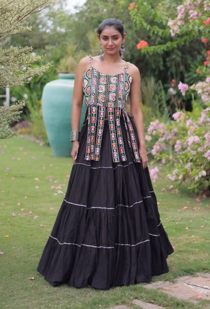 Black Pure Kora Cotton Kutchi Patchwork Navratri Lehenga Choli