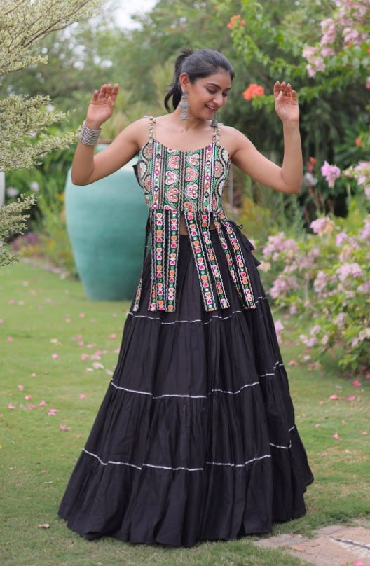 Black Pure Kora Cotton Kutchi Patchwork Navratri Lehenga Choli