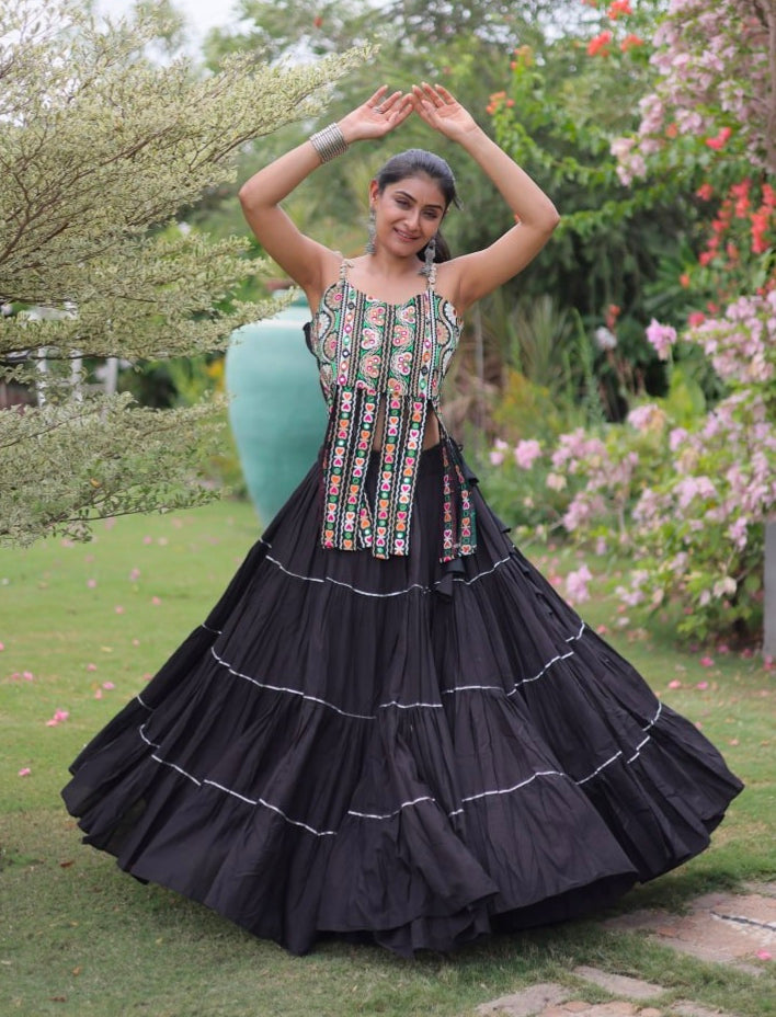 Black Pure Kora Cotton Kutchi Patchwork Navratri Lehenga Choli