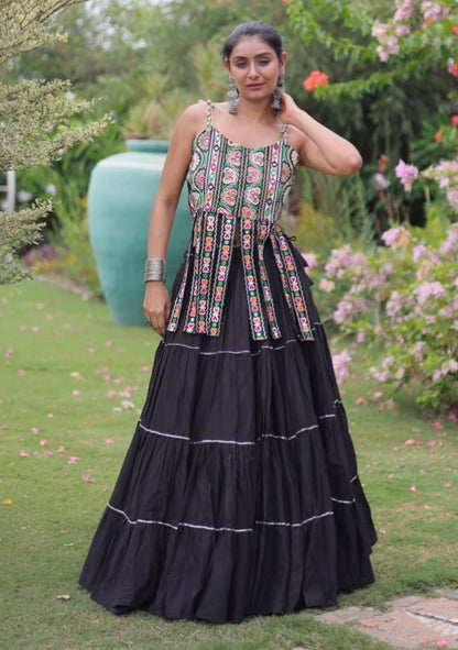 Black Pure Kora Cotton Kutchi Patchwork Navratri Lehenga Choli