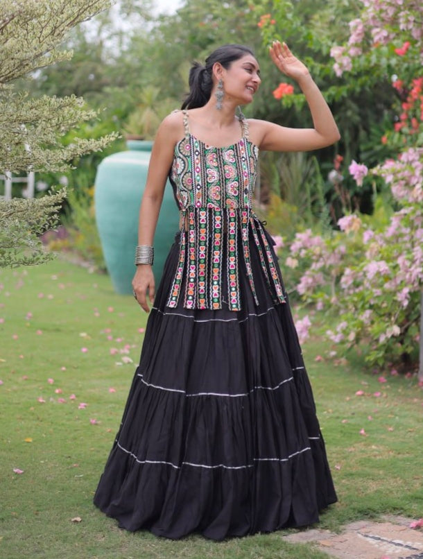 Black Pure Kora Cotton Kutchi Patchwork Navratri Lehenga Choli