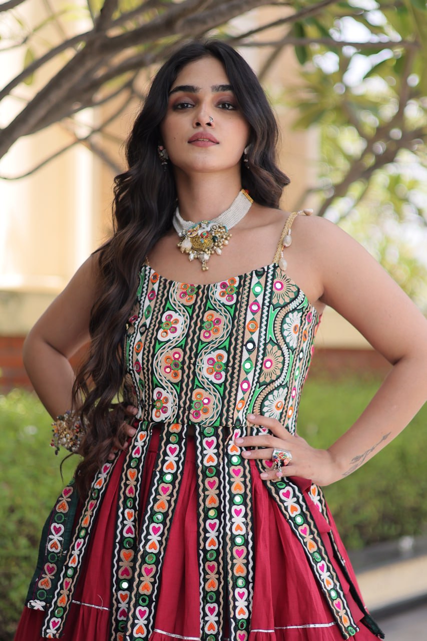 Red Pure Kora Cotton Kutchi Patchwork Navratri Lehenga Choli