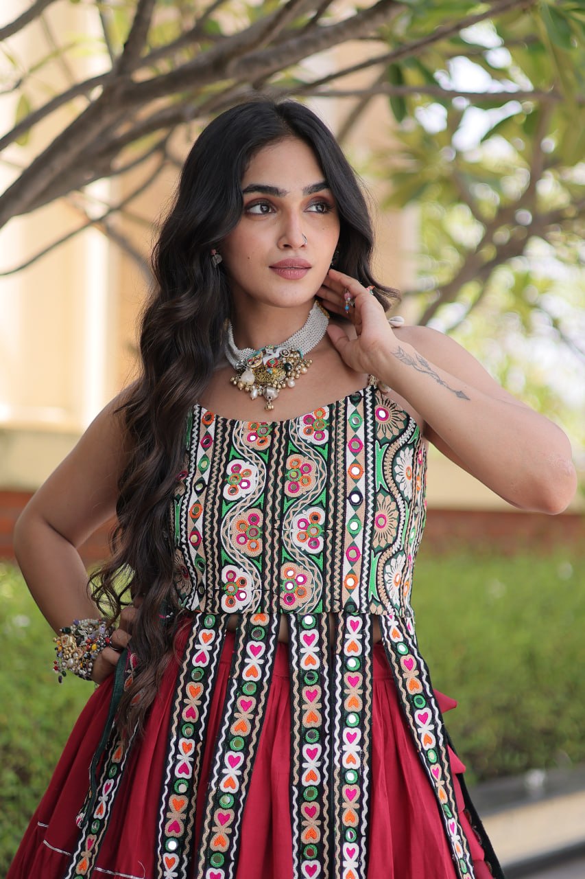 Red Pure Kora Cotton Kutchi Patchwork Navratri Lehenga Choli