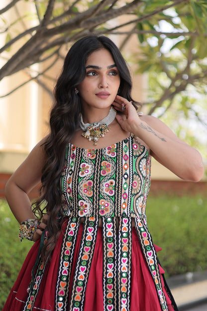 Red Pure Kora Cotton Kutchi Patchwork Navratri Lehenga Choli
