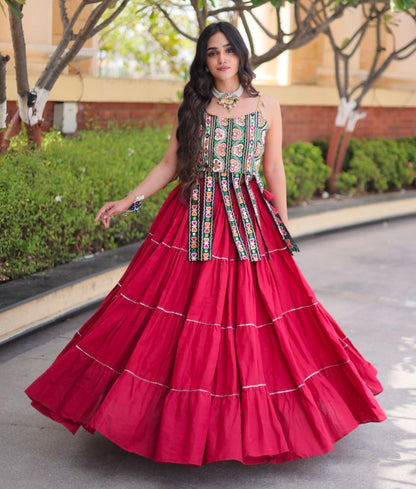 Red Pure Kora Cotton Kutchi Patchwork Navratri Lehenga Choli