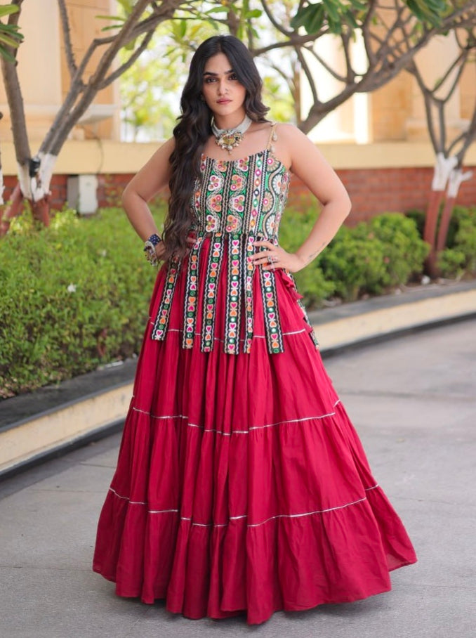 Red Pure Kora Cotton Kutchi Patchwork Navratri Lehenga Choli