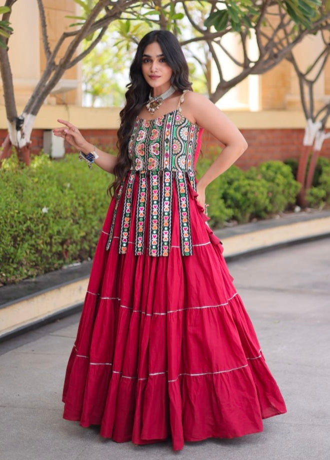 Red Pure Kora Cotton Kutchi Patchwork Navratri Lehenga Choli