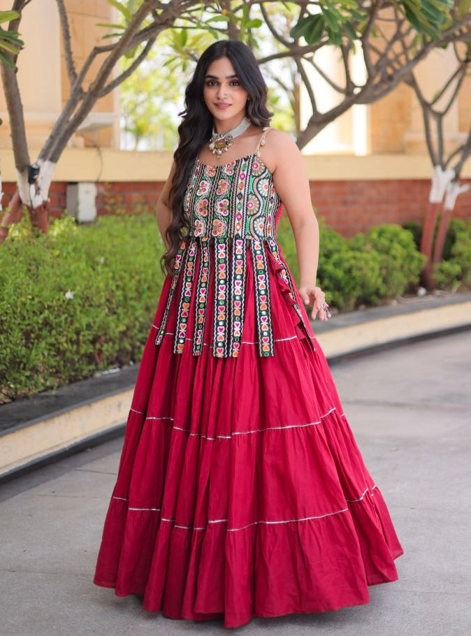 Red Pure Kora Cotton Kutchi Patchwork Navratri Lehenga Choli