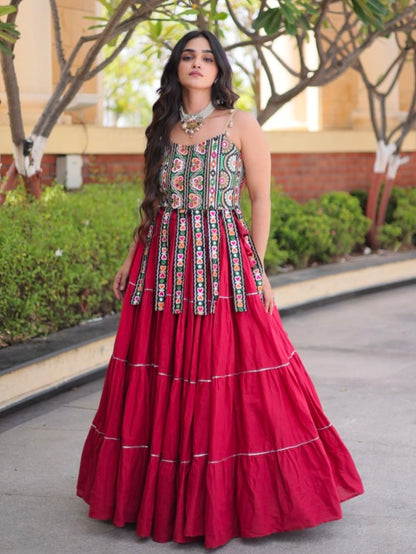 Red Pure Kora Cotton Kutchi Patchwork Navratri Lehenga Choli